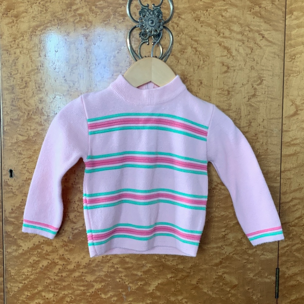 Vintage Baby Girls Pink Green Striped Sweater 18 24 Months - Picture 1 of 5